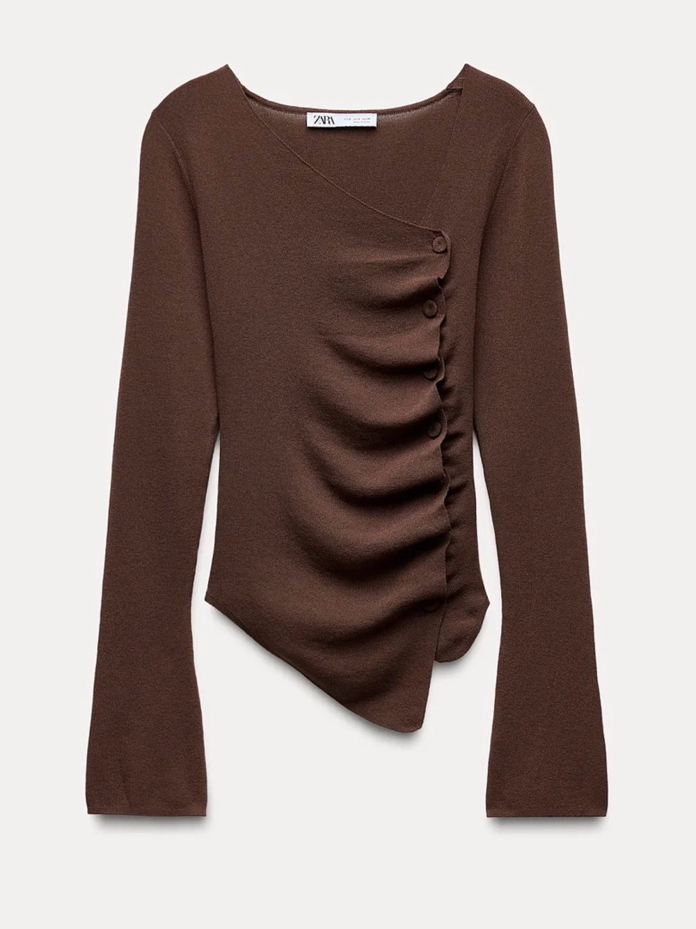 ZARA Dark Brown Asymmetric Ruched Long-Sleeve Top